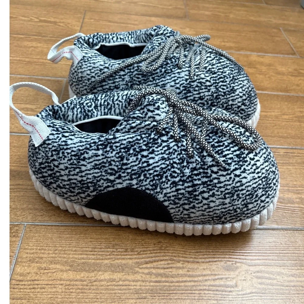 Kids Plush Sneaker Slippers Black White Streetwear Style House Shoes Size Medium